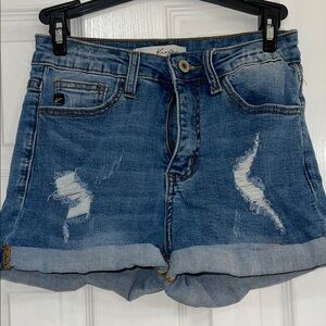 Distressed Rolled Hem Denim Shorts - Blue